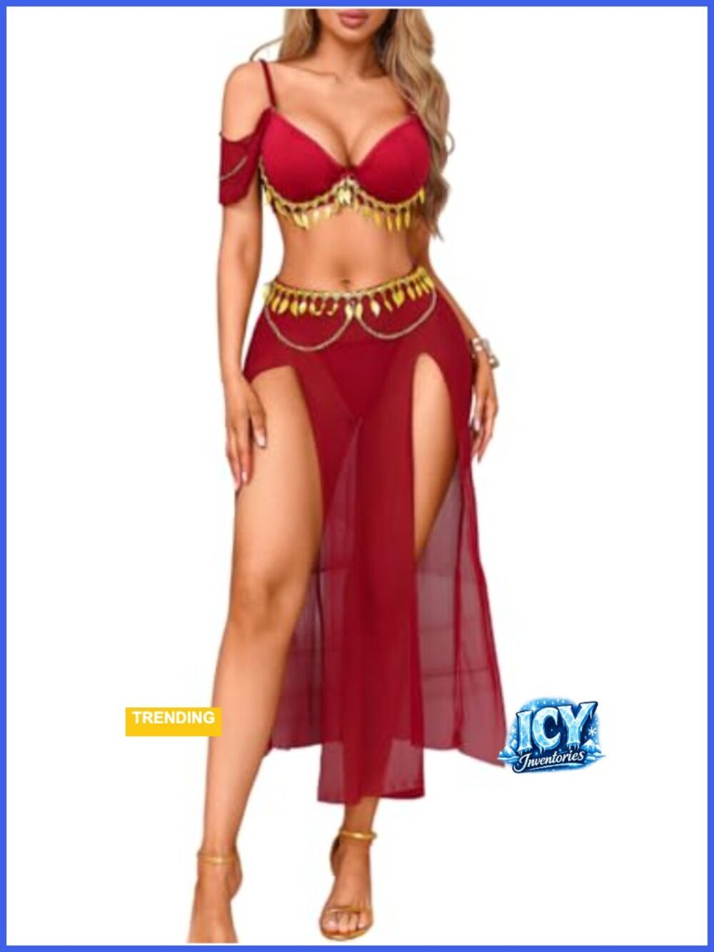Sequin Tassel Belly Dancer Costume 3 Piece Crop Top Skirt G-String